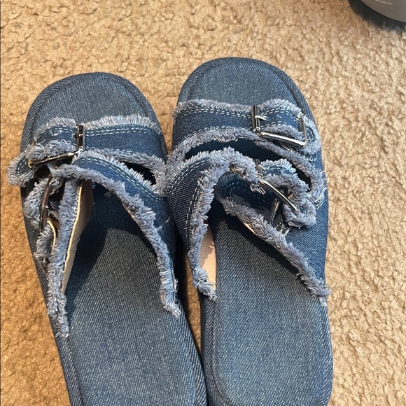 Frayed Denim Slide Sandals - Picture 1 of 4